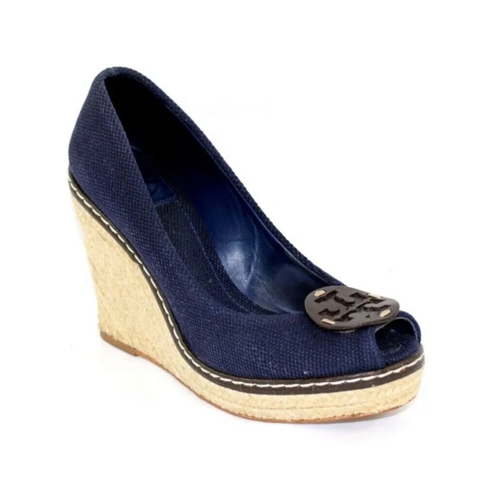 Tory Burch Cream and Blue Wedge Espadrilles